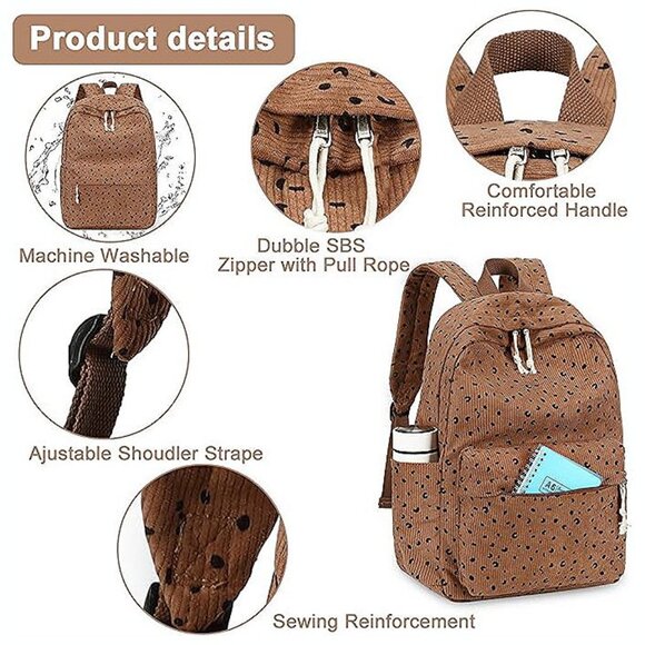 Large Corduroy Bookbag Lightweight 17 inch Corduroy-brown - Picture 4 of 6